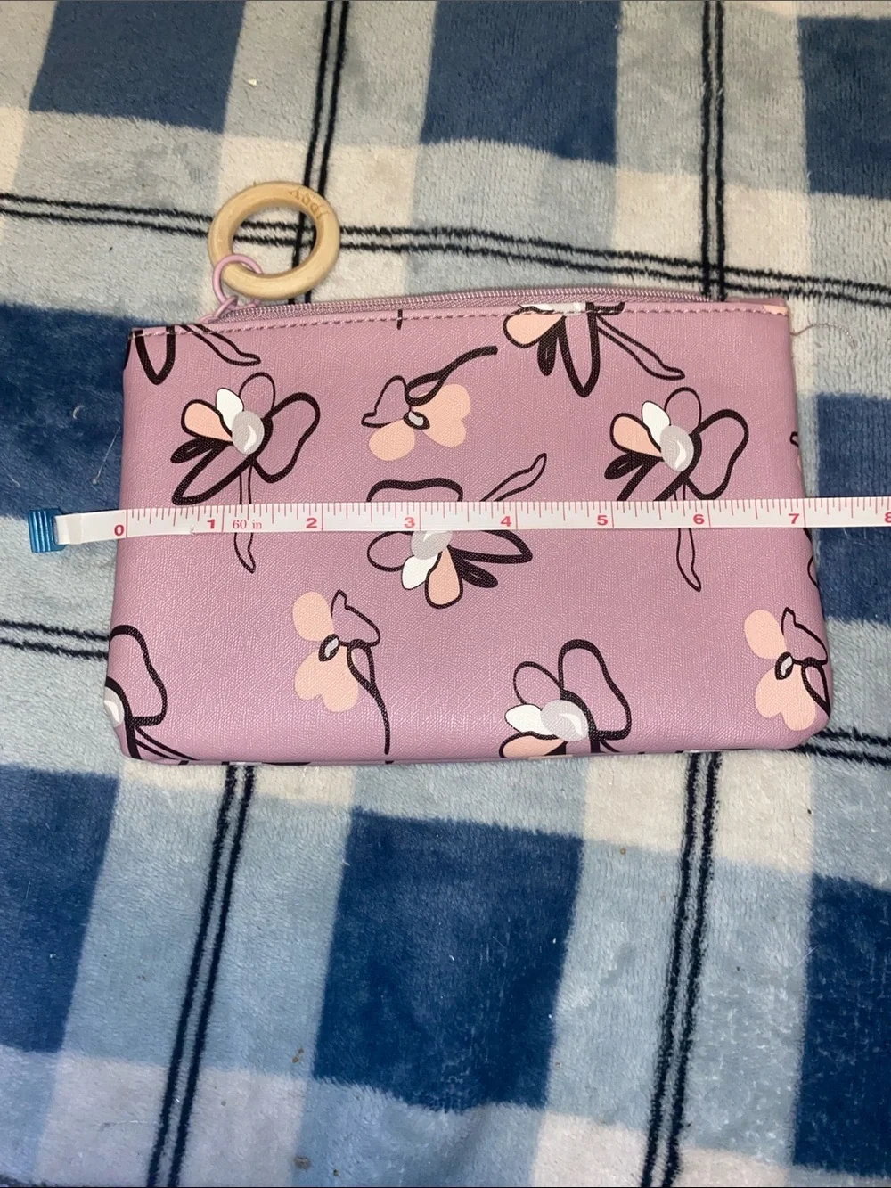 ipsy Pink Floral Wristlet Pouch with Wooden Ring